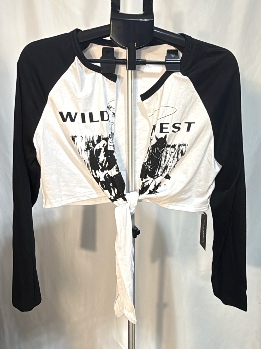 Wild West Graphic Tie Front Crop Top Black White Long Sleeve Western XL
